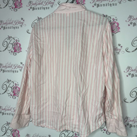 Victoria secret button down top striped pink white classic embroidery pocket - Picture 3 of 7